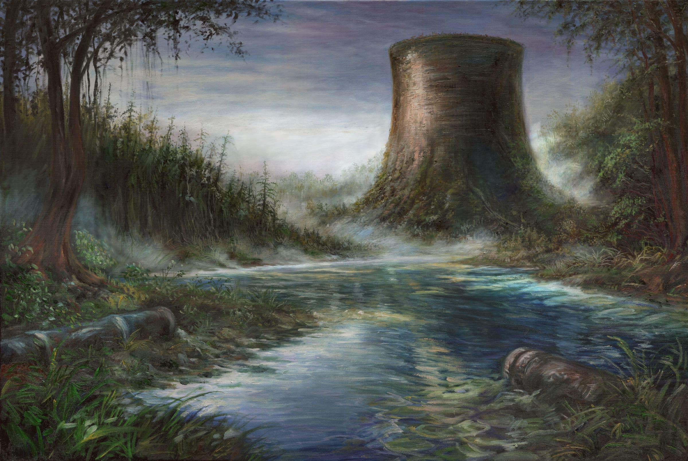 Alone by Kenneth Burris — a cooling tower embedded within a quiet river landscape