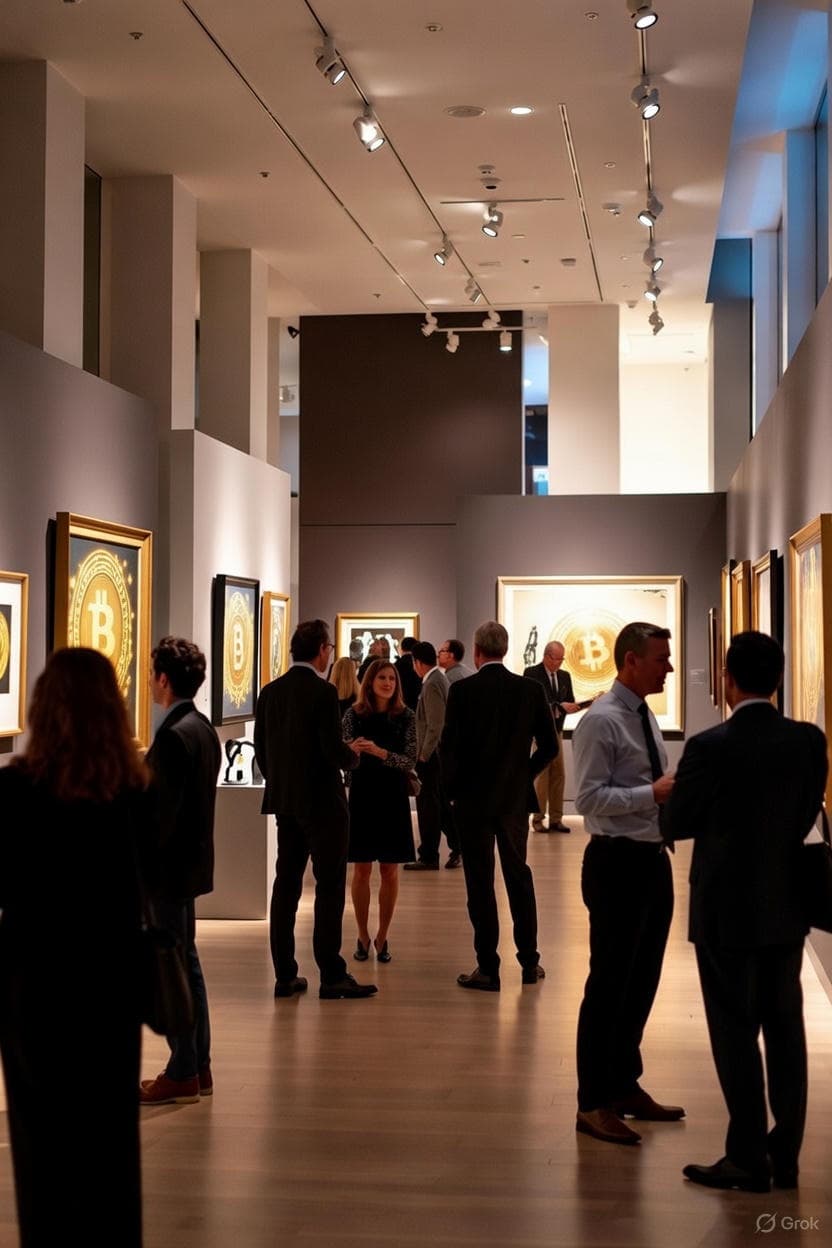 A gallery space featuring Bitcoin-themed art, representing workshops and learning.