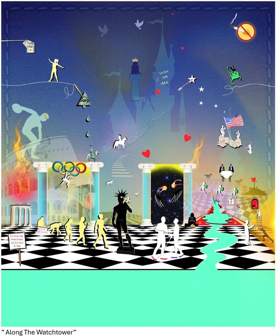 Along The Watchtower by Beth Alta Fletcher — a vibrant digital composition of symbolic figures on a checkered floor with Bitcoin motifs