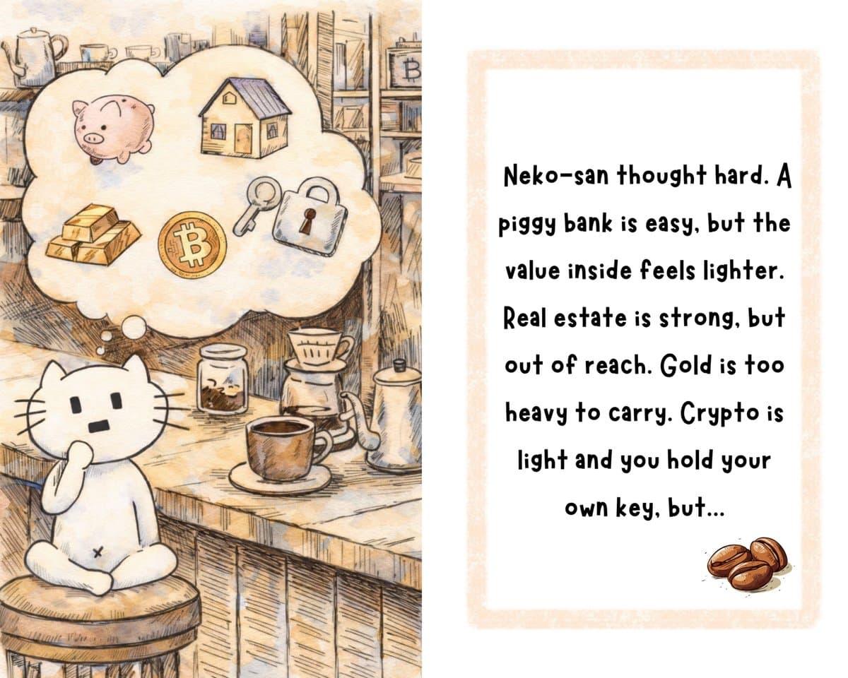 Nekosan pondering value storage — piggy bank, real estate, gold, and Bitcoin by Hitomi Matsui