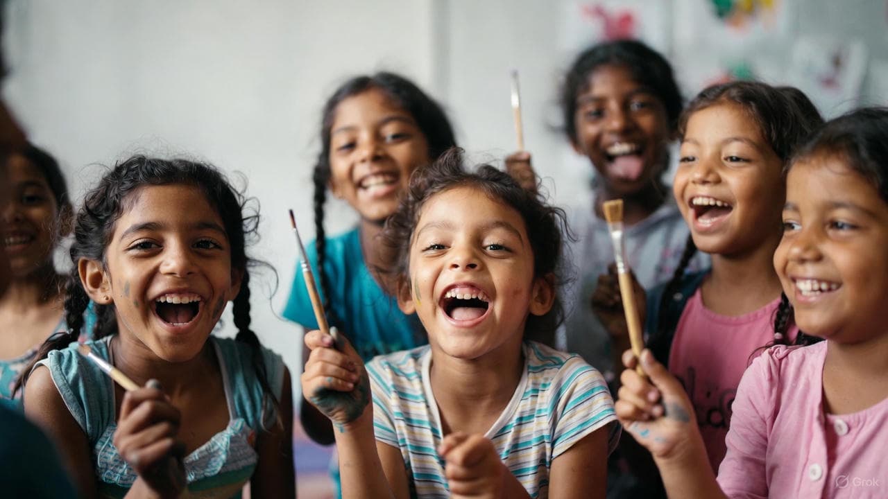 Kids holding paintbrushes, representing creative work.