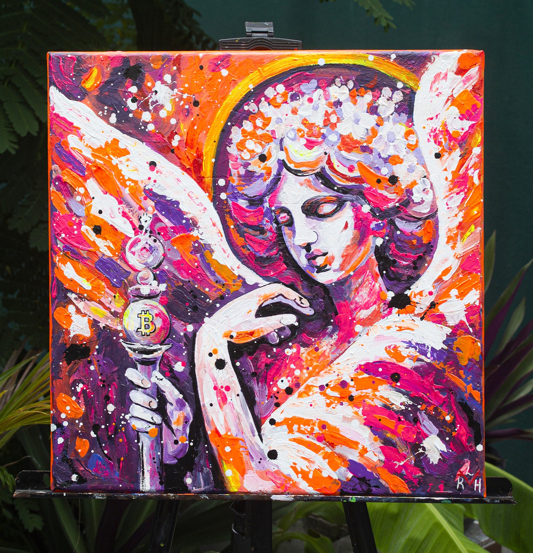 Lady RedHorns, The Bitcoin Keeper - acrylic on canvas, angel holding a Bitcoin orb