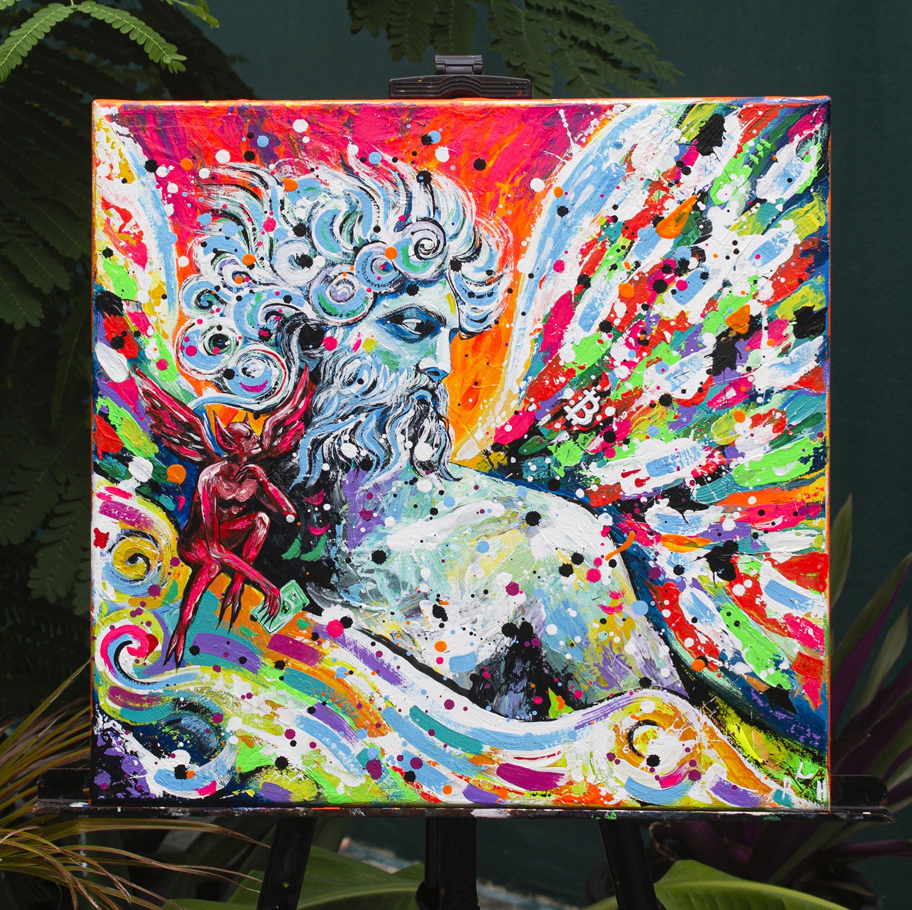 Lady RedHorns, The Temptation of Bitcoin Angel - acrylic on canvas, Fiat Demon and Bitcoin Angel