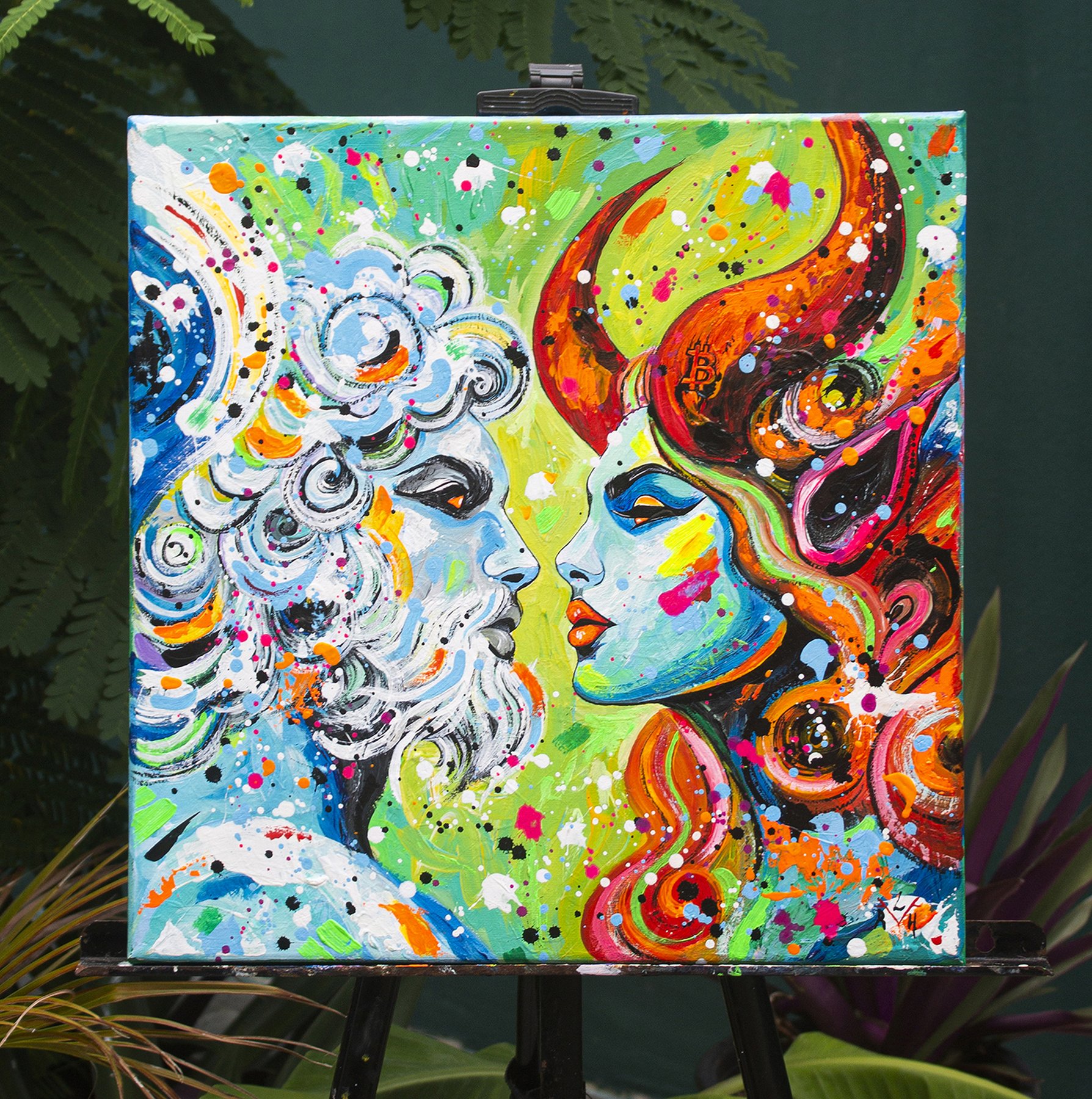 Lady RedHorns, The Transfer of Light - acrylic on canvas, orange Bitcoin light passing through a gaze